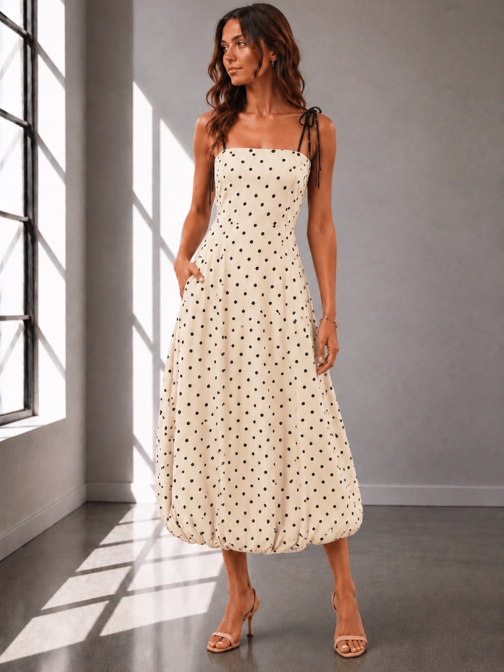 Tie-Shoulder Polka Dot Midi Dress in Cream